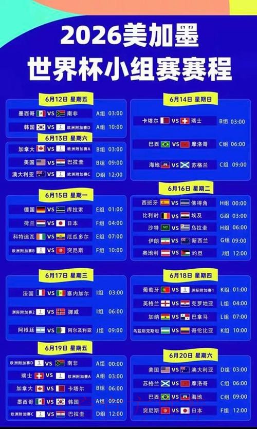 2026美加墨世界杯每日赛程 2026美加墨世界杯每日赛程